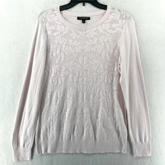 Banana Republic Sweater Women's Sz L Pink Knitted Floral Round Neck Pullover - Picture 1 of 12